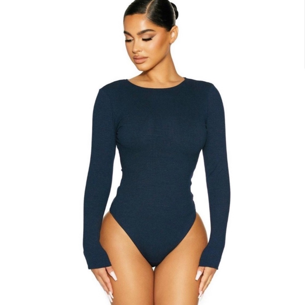 Naked wardrobe new long sleeve snatched micro ribbed crew neck navy bodysuit